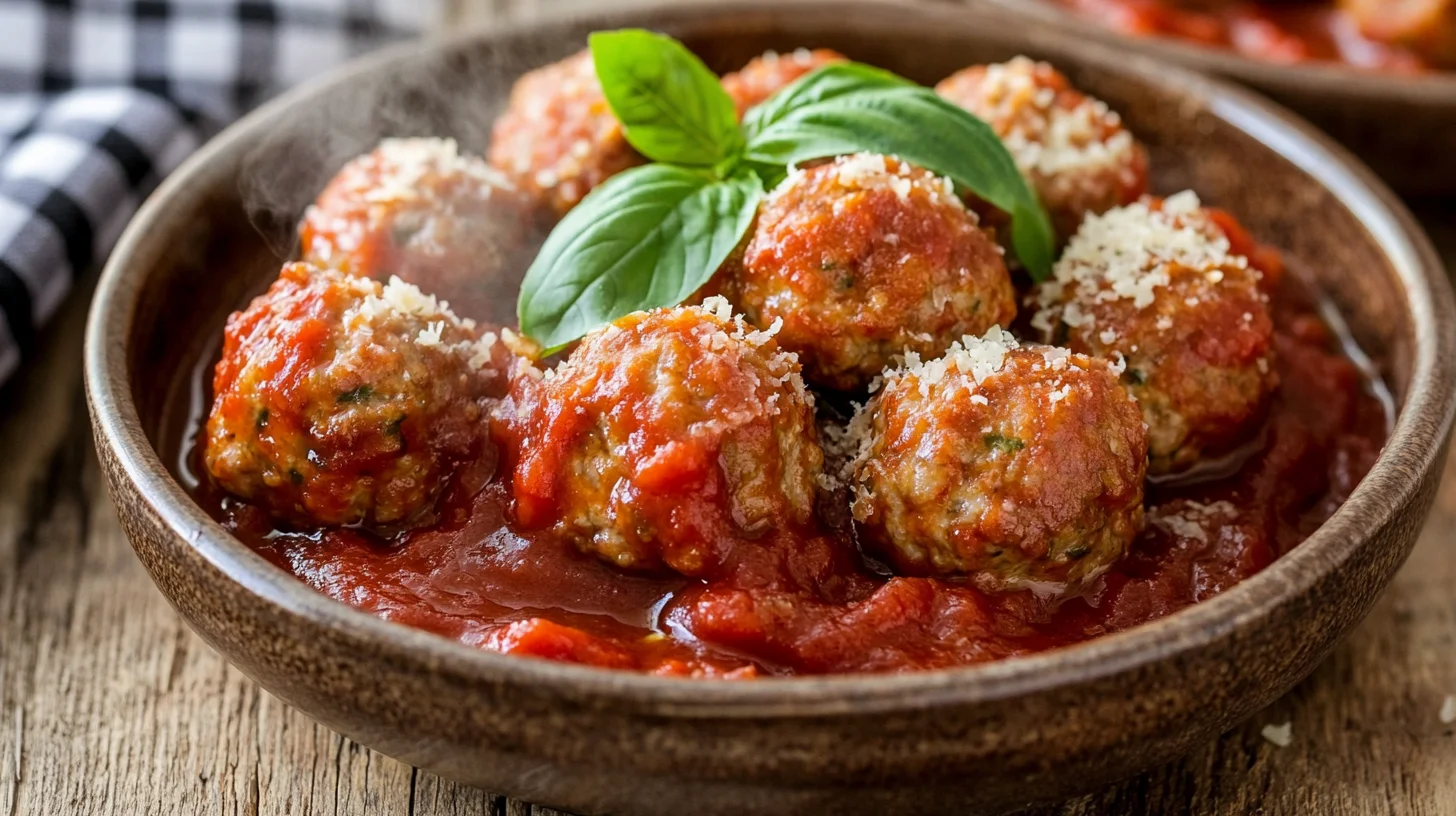 juicy turkey meatballs smothered in rich marinara sauce with melted cheese and fresh basil
