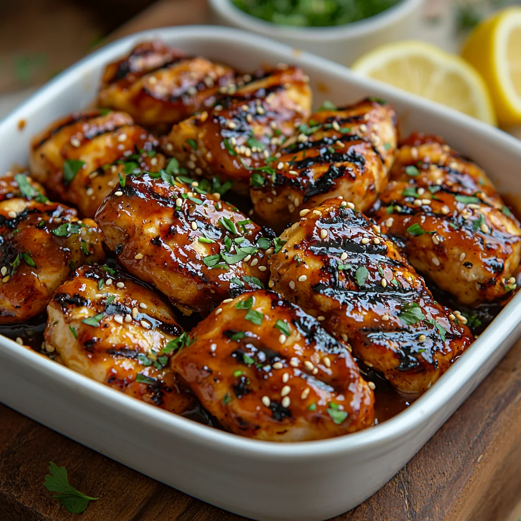 juicy bbq chicken with glossy sauce coating golden roasted edges in a white ceramic dish