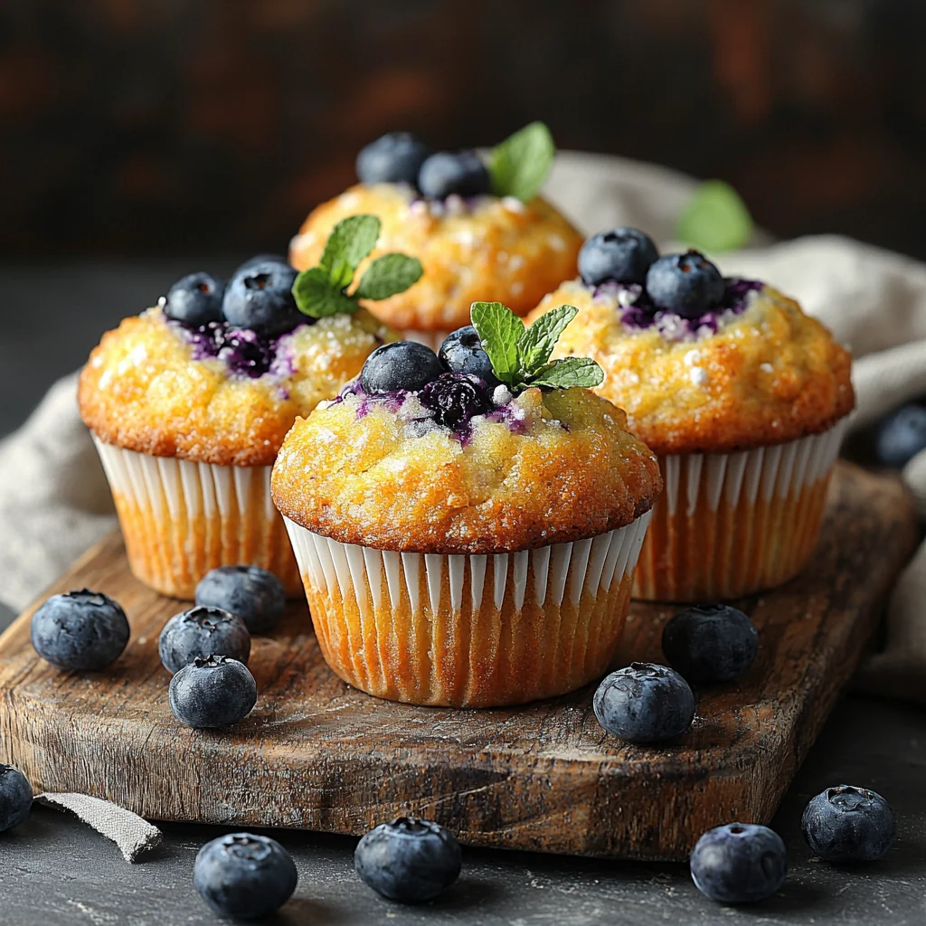 golden blueberry muffins bursting with fresh berries, topped with sparkling sugar, baked to perfection