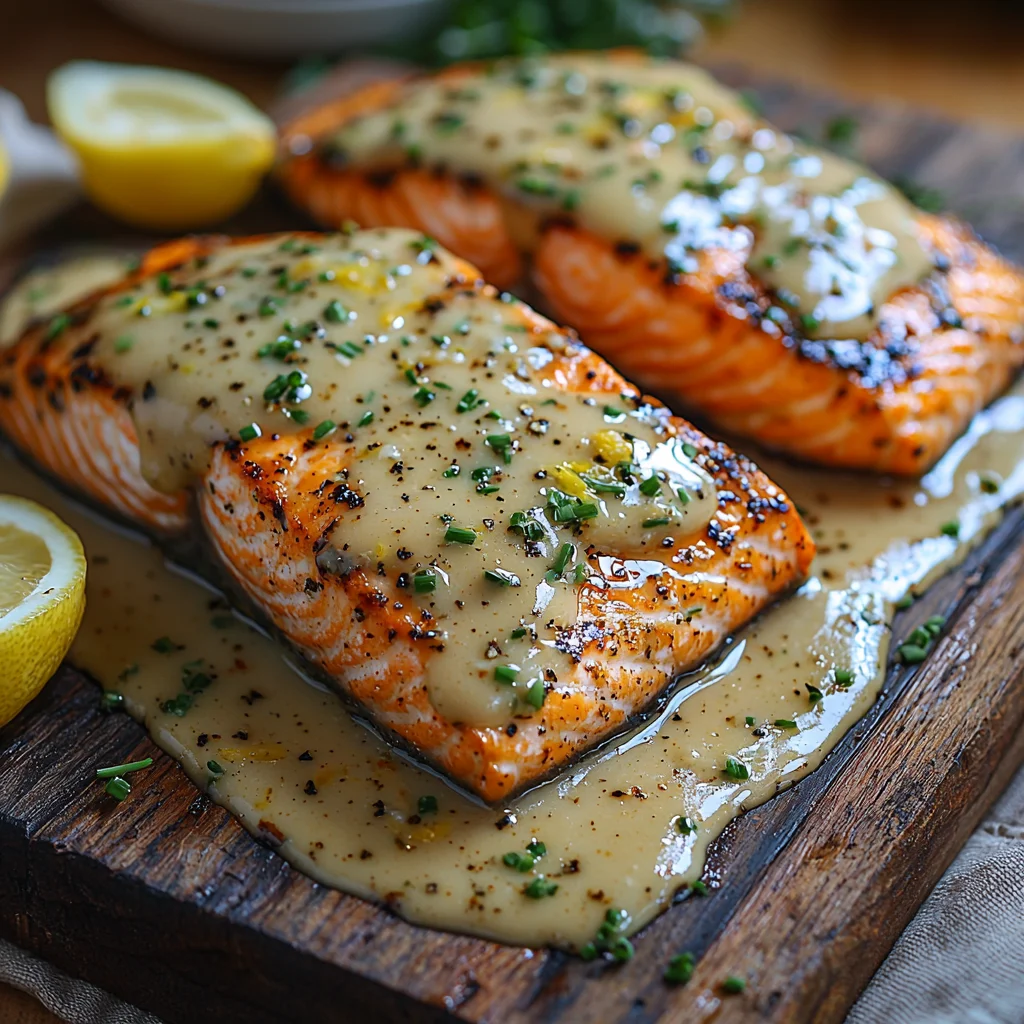 perfectly grilled salmon fillet with golden crust, drizzled with lemony herb butter sauce and served with roasted potatoes