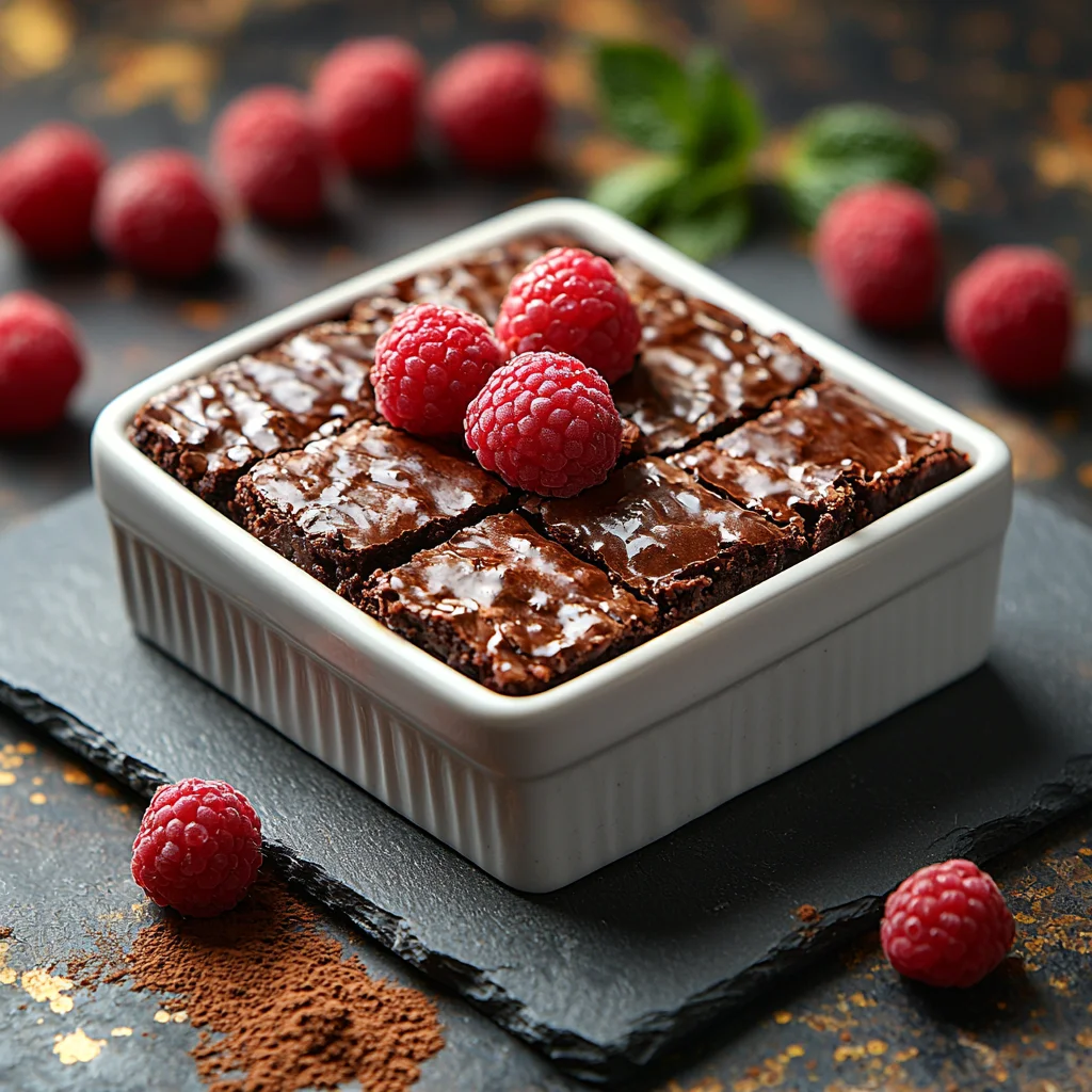 gooey chocolate protein brownie with glossy fudge topping and cracked edges, served in a white ceramic dish