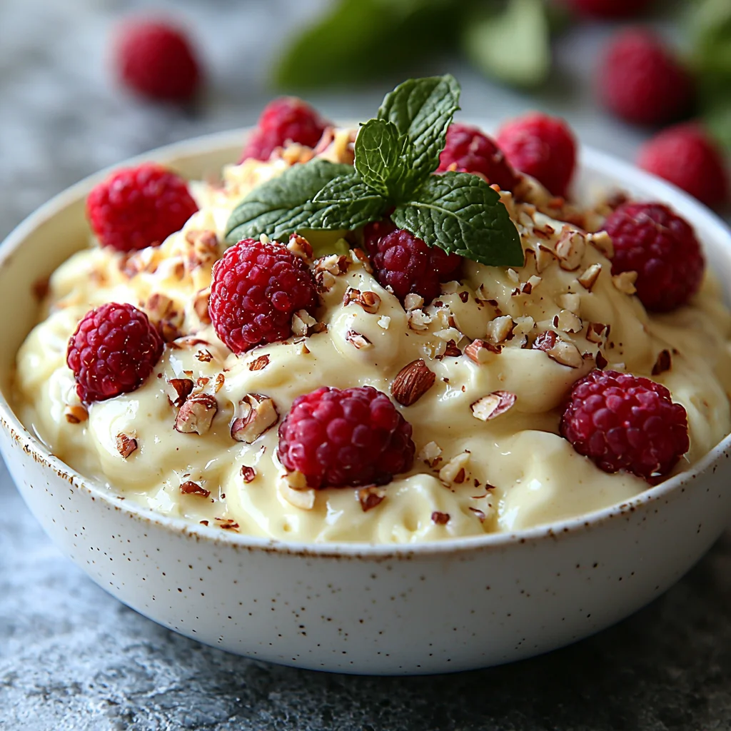 creamy chocolate protein pudding in a white ceramic bowl with glossy sauce and fresh berries on top