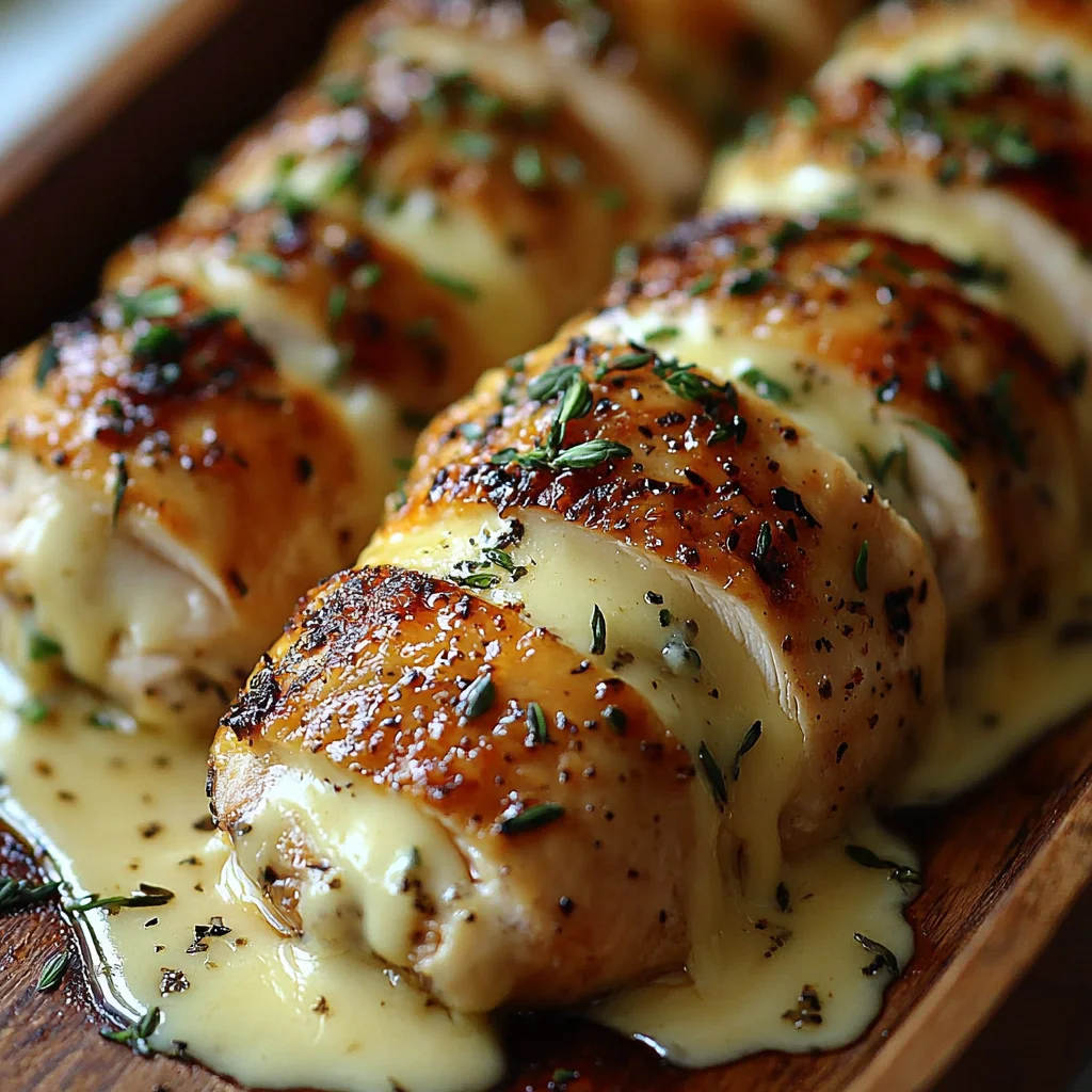 juicy stuffed chicken breast with creamy sauce and golden crust, topped with fresh herbs