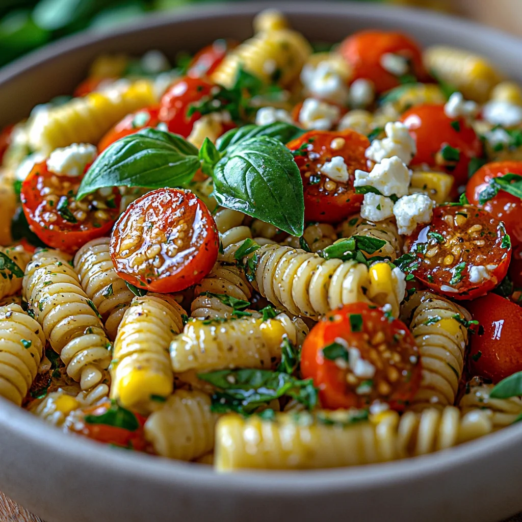 creamy summer pasta salad with fresh herbs and colorful veggies in a white ceramic bowl