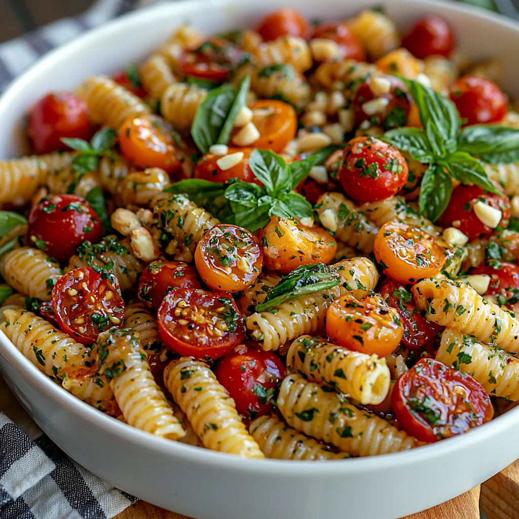 creamy summer pasta salad with fresh herbs and colorful veggies in a white ceramic bowl
