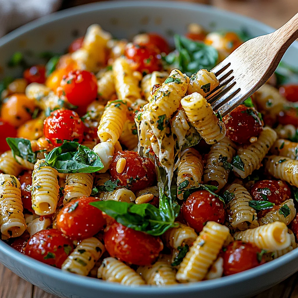 colorful summer pasta salad with cherry tomatoes, fresh basil, and bowtie pasta in a white ceramic bowl