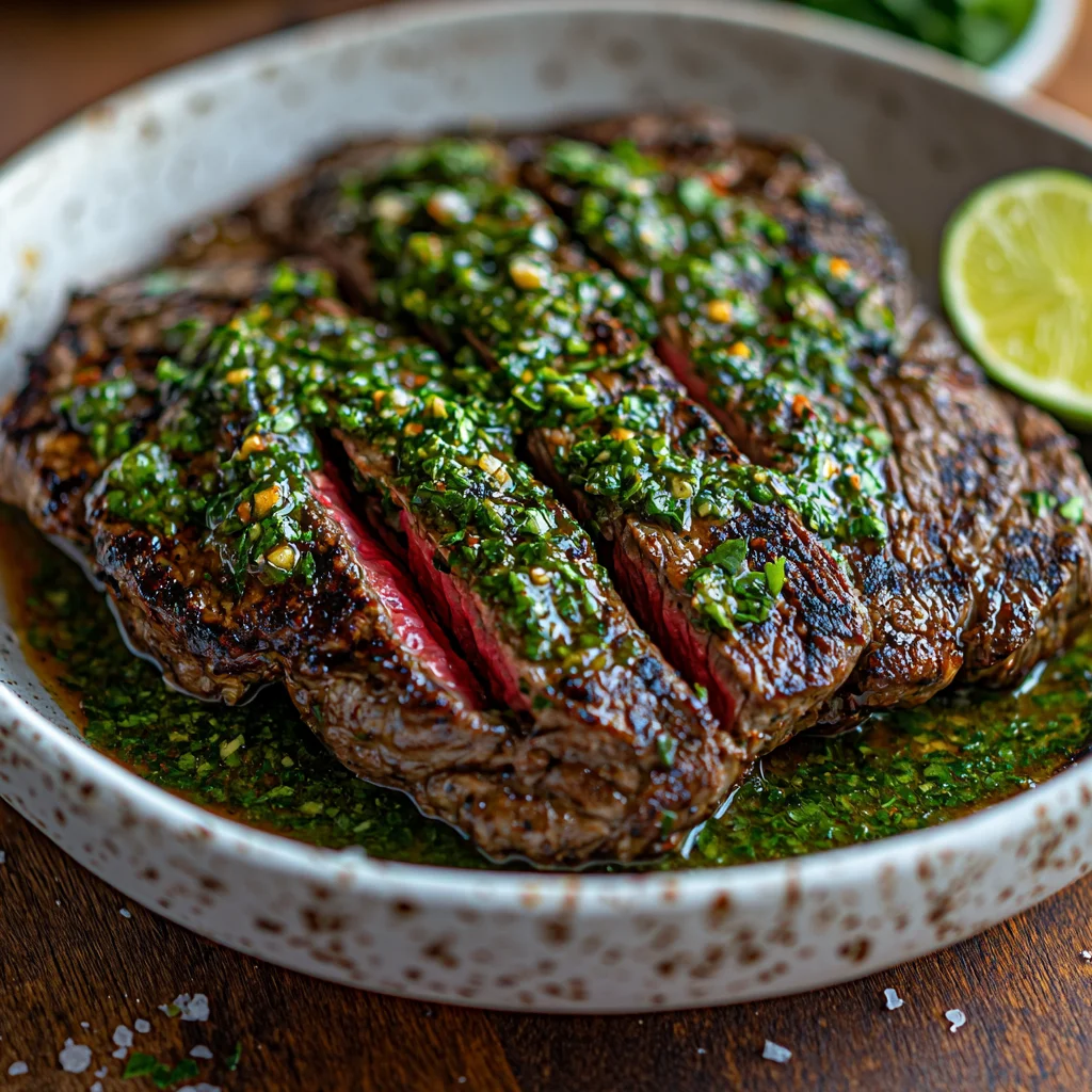 Chimichurri Grilled Flank Steak with glossy sauce and fresh herbs in a white baking dish