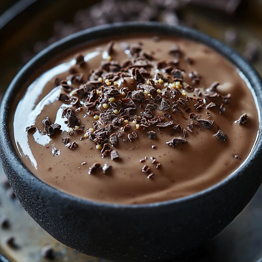 creamy chocolate protein pudding in white ceramic bowl with glossy sauce and sprinkles of cocoa powder