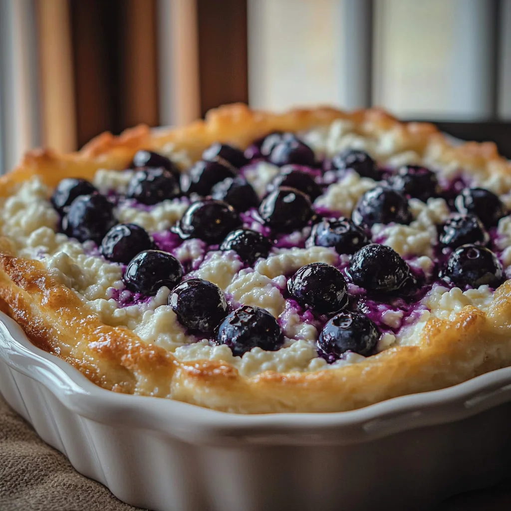 Fluffy cottage cheese blueberry cloud bread with golden edges and bursting berries in white ceramic dish