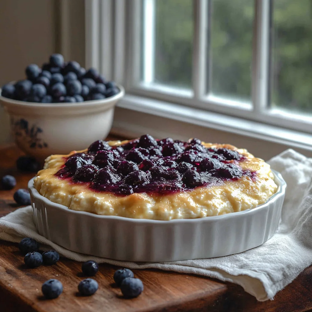 Fluffy cottage cheese blueberry cloud bread with golden edges and bursting berries in white ceramic dish