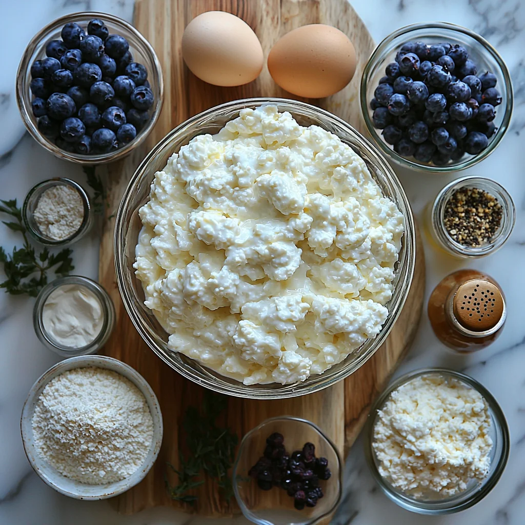 Cottage cheese blueberry cloud bread ingredients with creamy sauce and golden edges