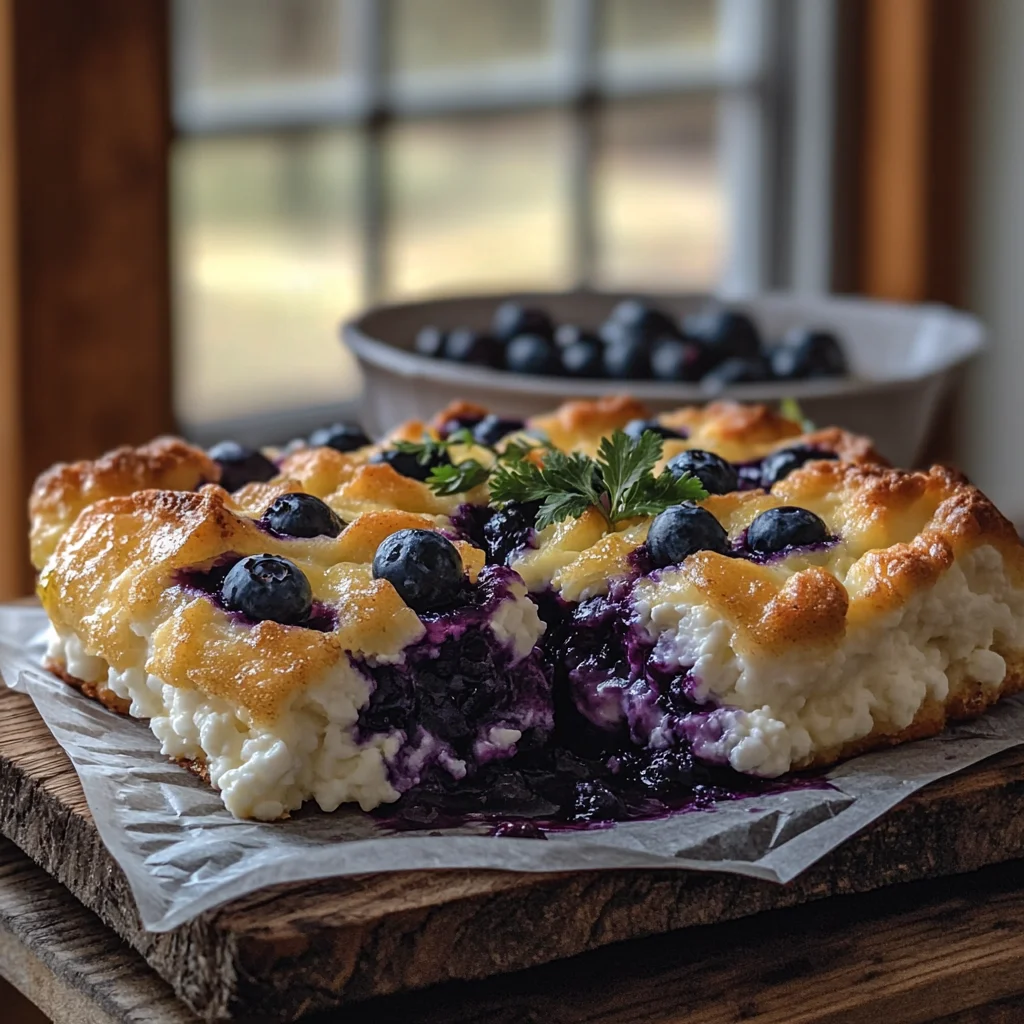 Fluffy cottage cheese blueberry cloud bread slice with golden edges and bursting blueberries on white plate