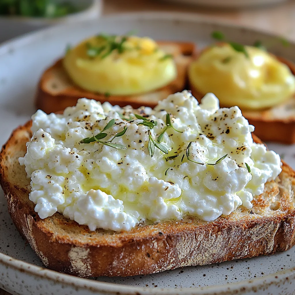 closeup of creamy cottage cheese breakfast bowl with fresh herbs and golden roasted edges