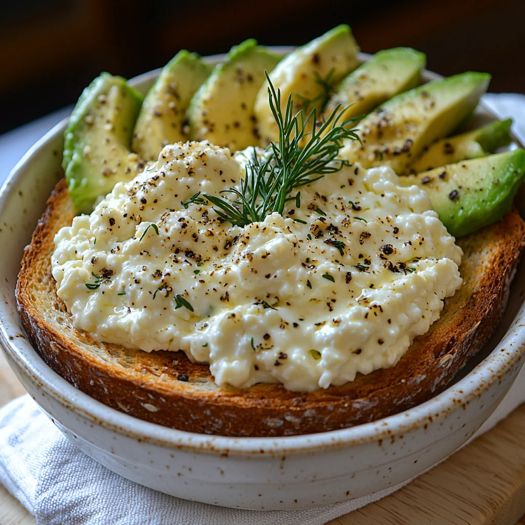 creamy cottage cheese breakfast bowl with fresh herbs and golden roasted edges, served in a white ceramic dish
