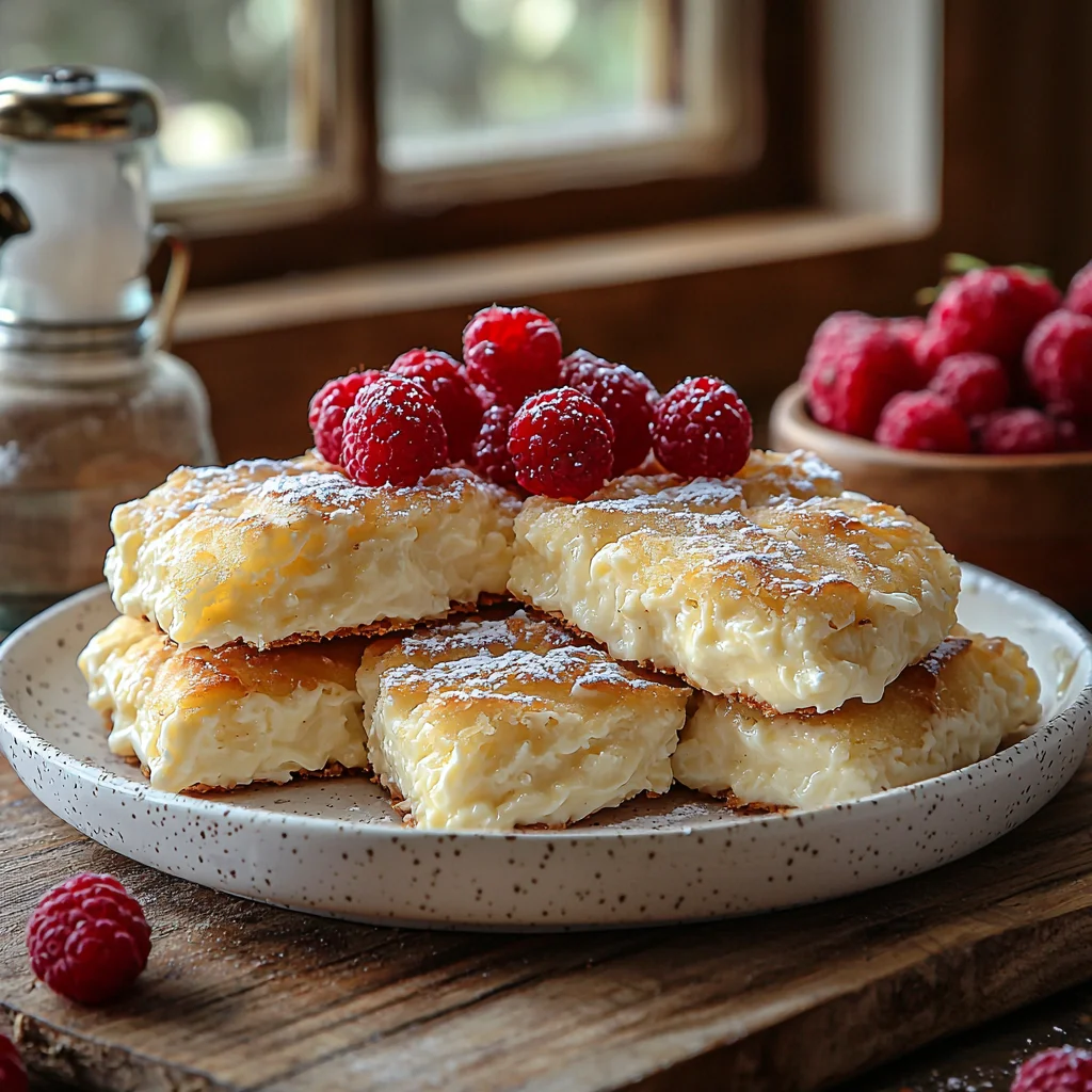golden cottage cheese cookies with crispy edges on a white ceramic plate, dusted with powdered sugar