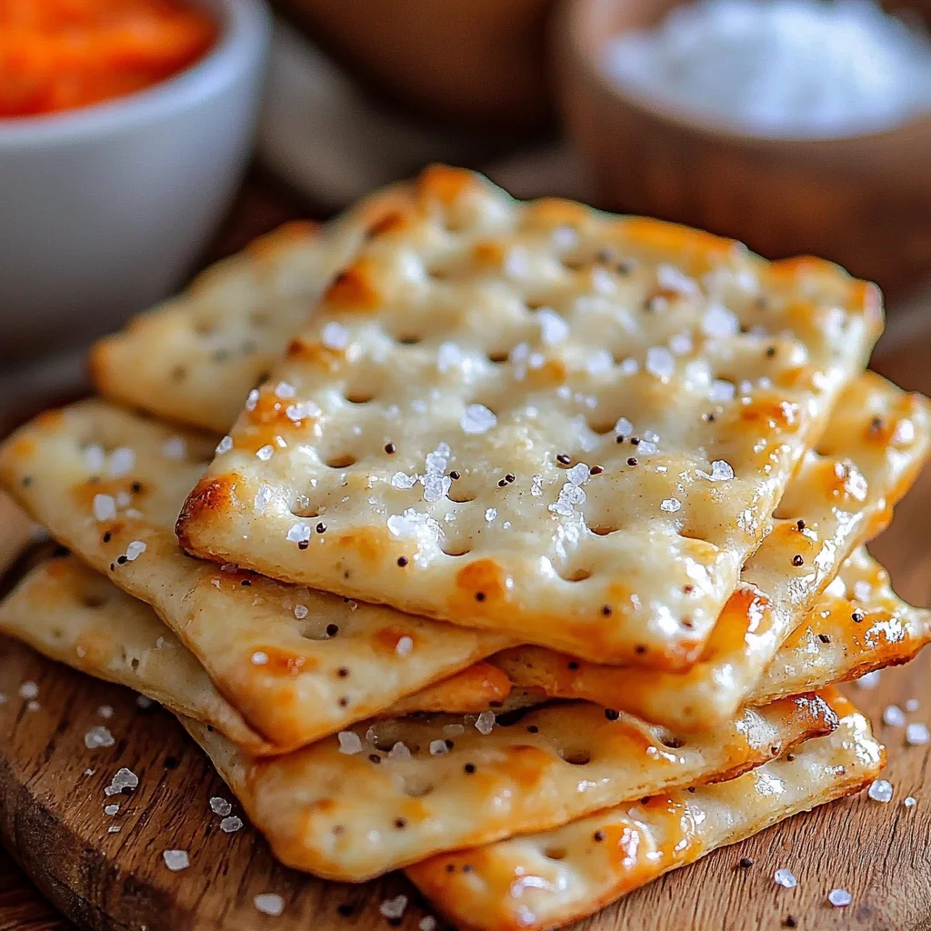 golden crispy cottage cheese sea salt crackers with visible salt crystals on rustic wooden board