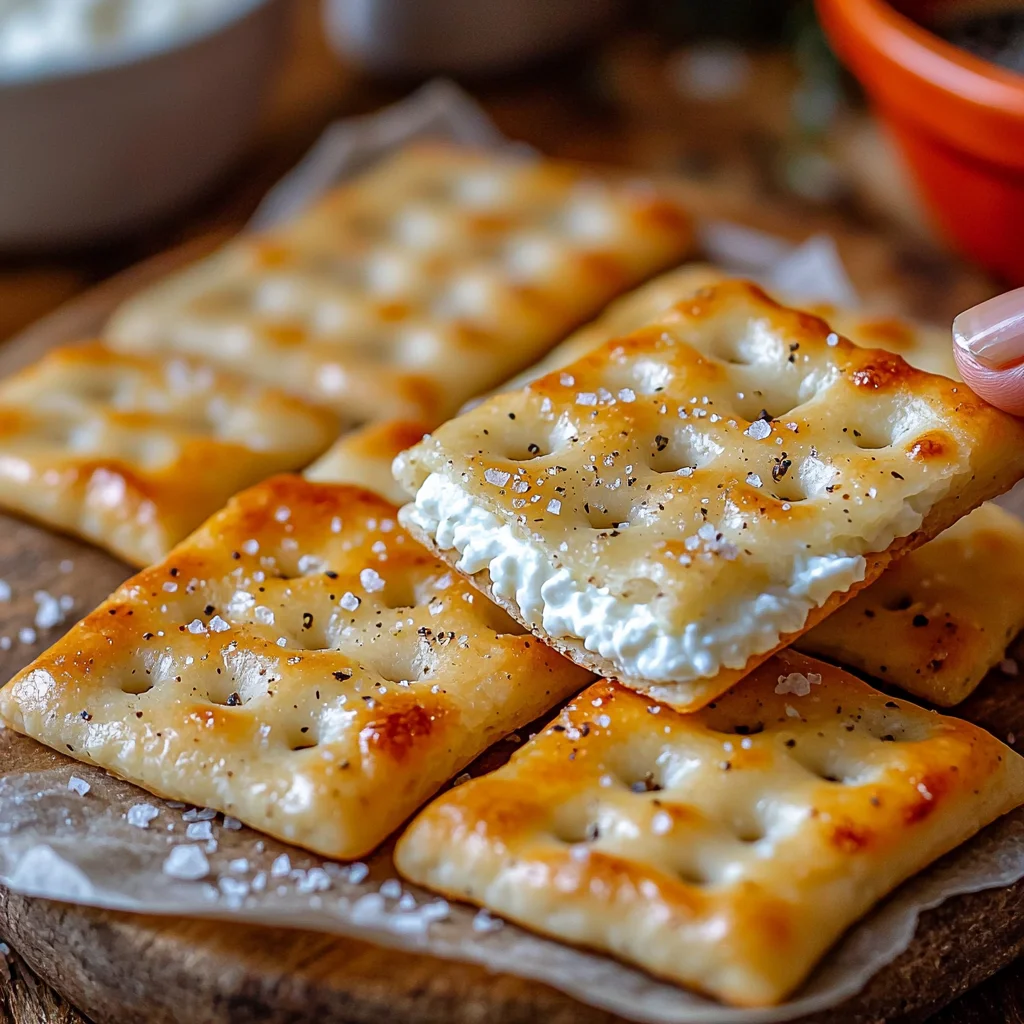 golden crispy cottage cheese sea salt crackers with visible salt crystals on rustic wood board