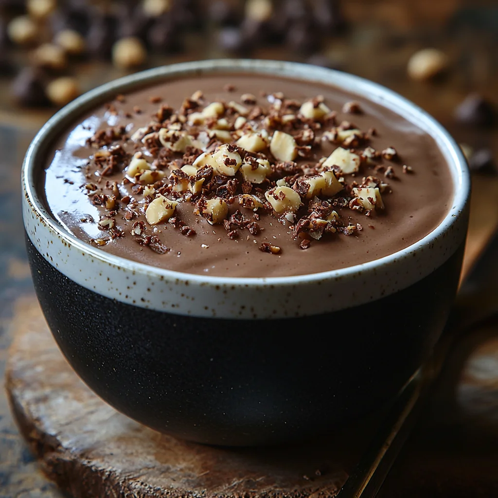 Creamy chocolate protein pudding in a white ceramic dish with glossy sauce and fresh mint garnish