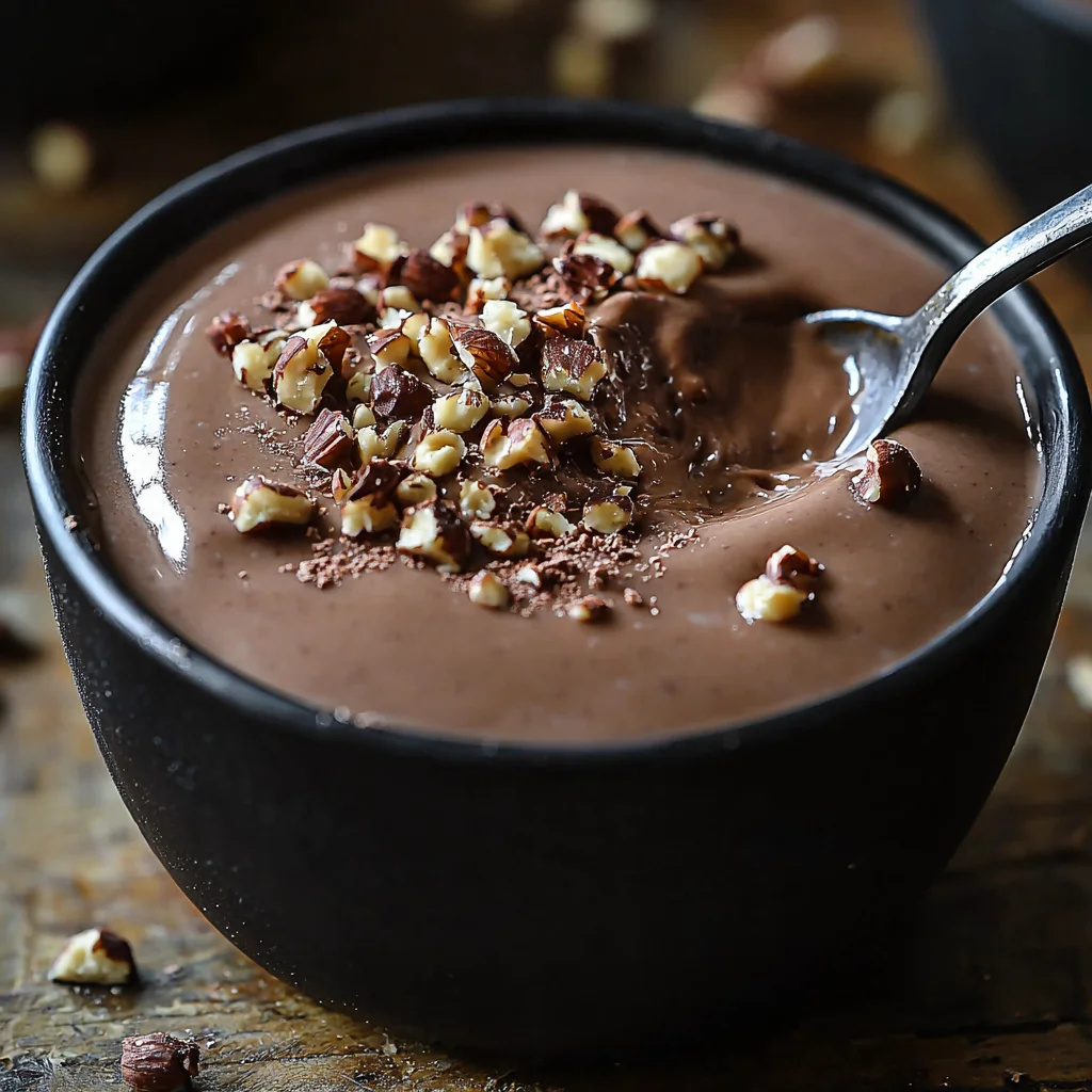 creamy chocolate protein pudding served in a white ceramic dish with glossy sauce and a sprinkle of cocoa powder