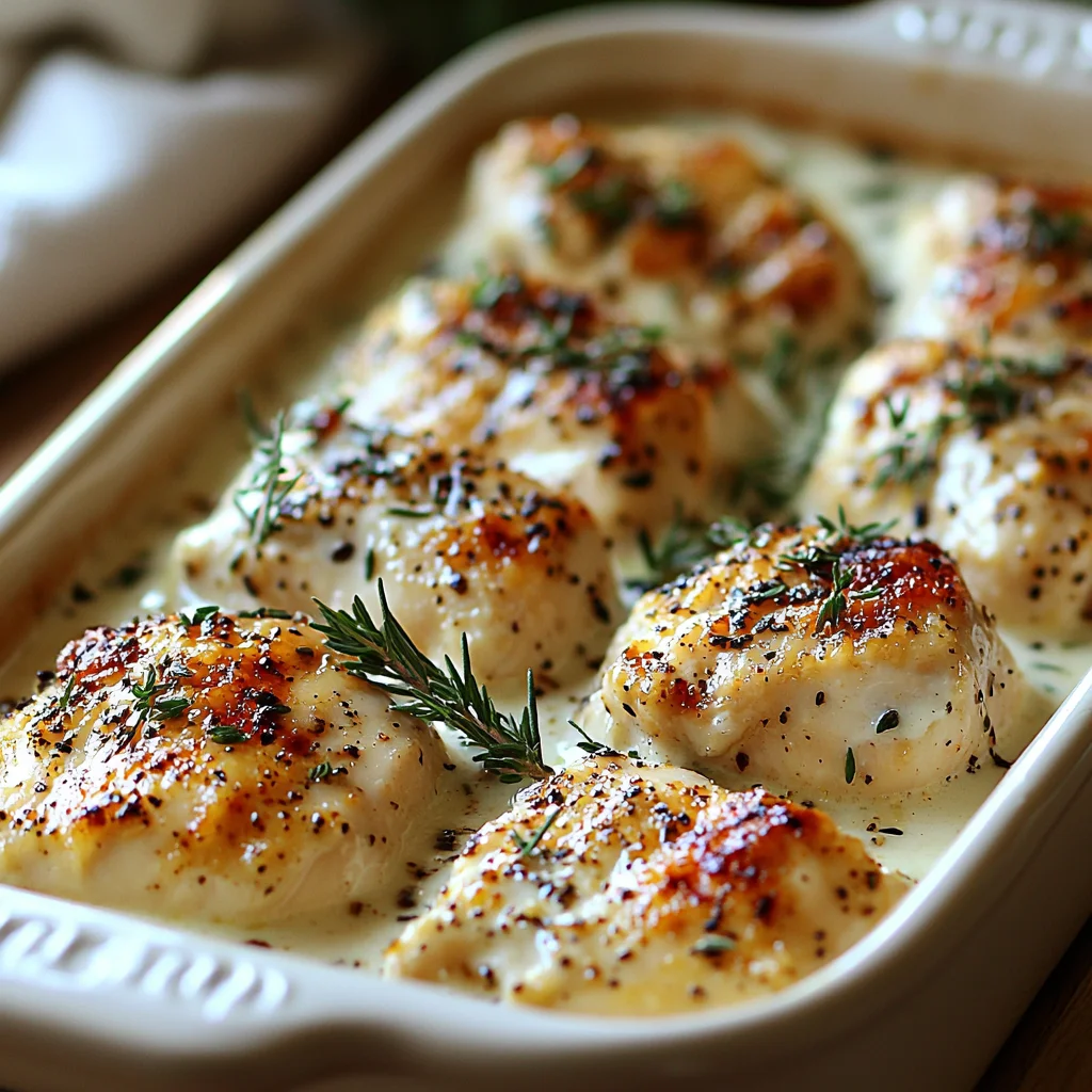 closeup of creamy greek yogurt chicken with golden roasted edges and fresh herbs, served in a white ceramic dish