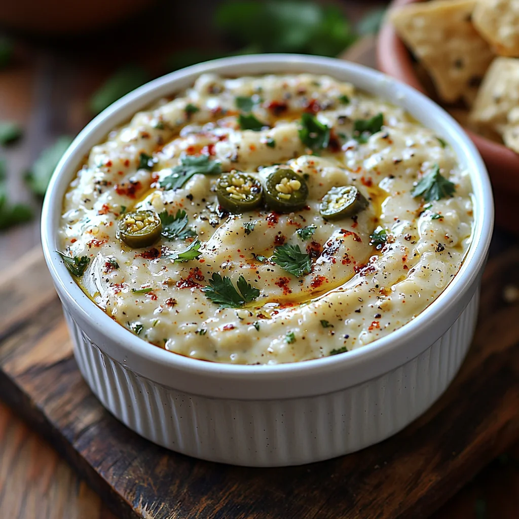 creamy high protein cottage cheese queso in a white ceramic dish with golden edges and fresh herbs sprinkled on top