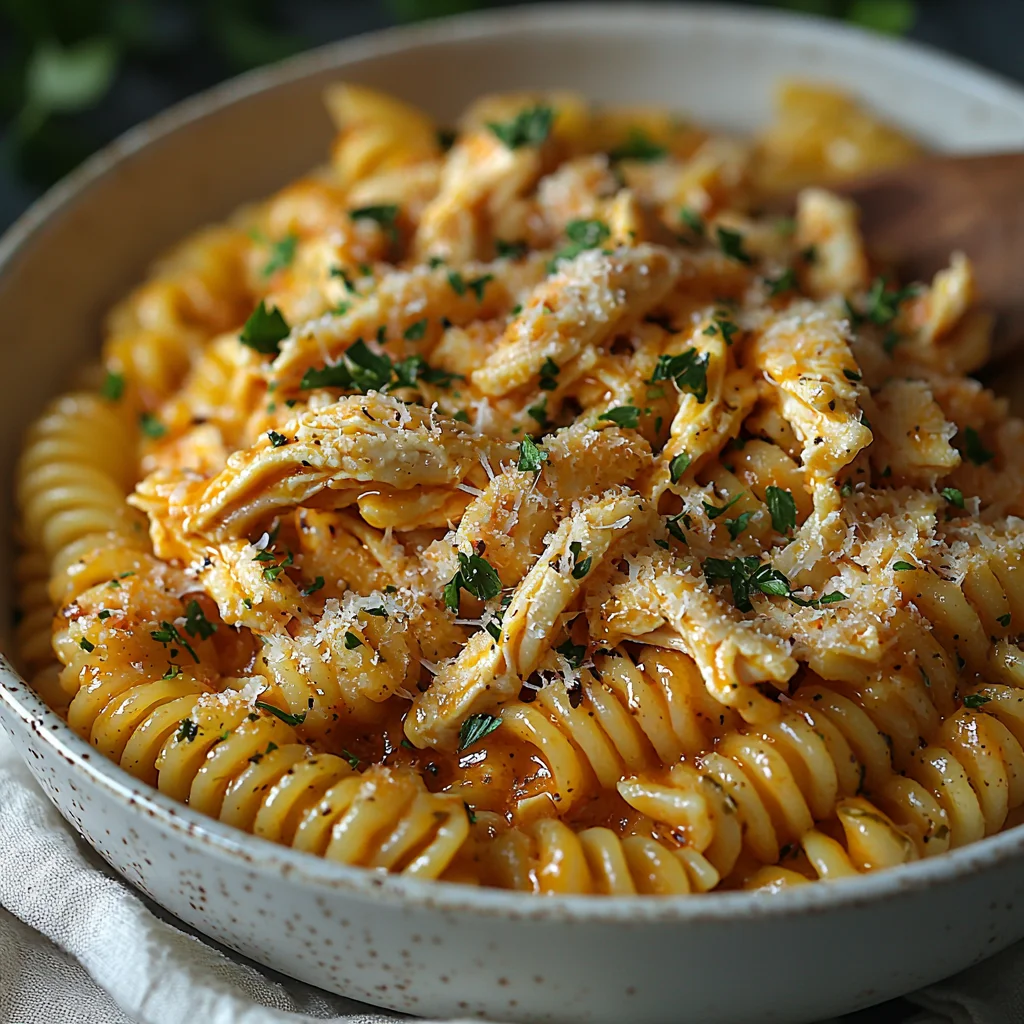creamy high protein pasta with rich tomato sauce, golden edges, and fresh basil garnish