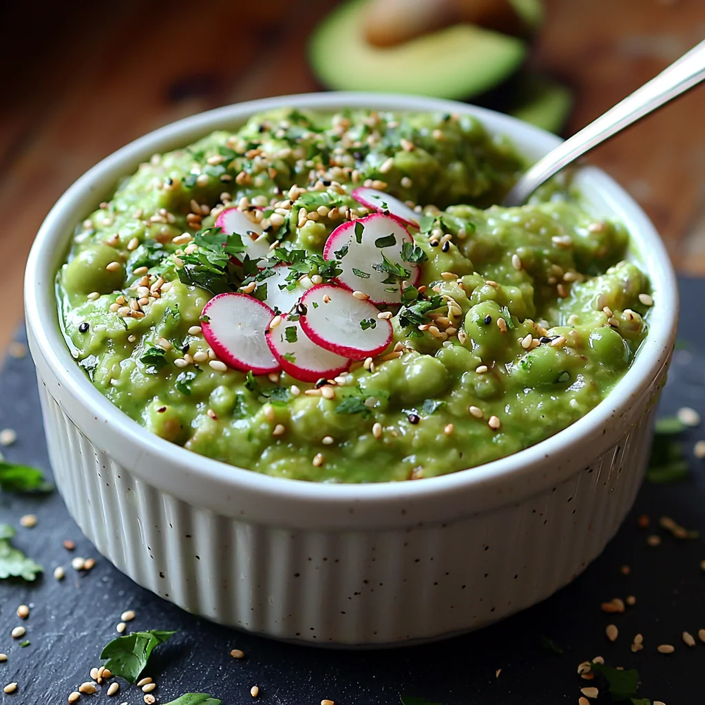 Creamy green edamame guacamole in white ceramic bowl with golden roasted edges and fresh herbs sprinkled on top