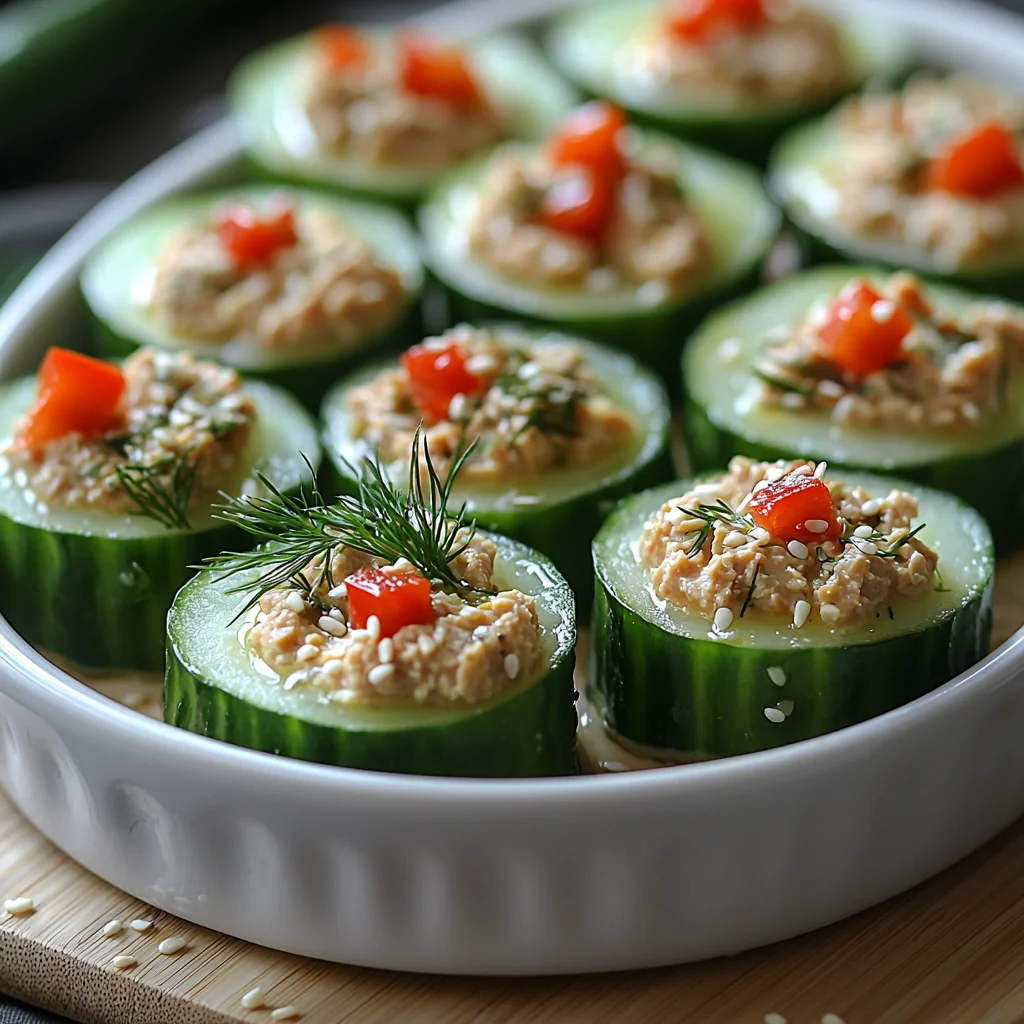 Tuna cucumber bites with creamy tuna salad on fresh cucumber rounds, garnished with herbs and golden edges