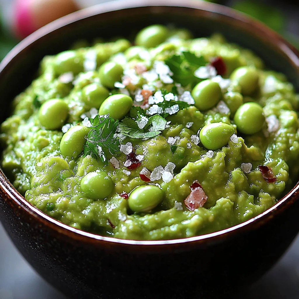 Closeup of creamy edamame guacamole with glossy texture and fresh herbs in a white dish