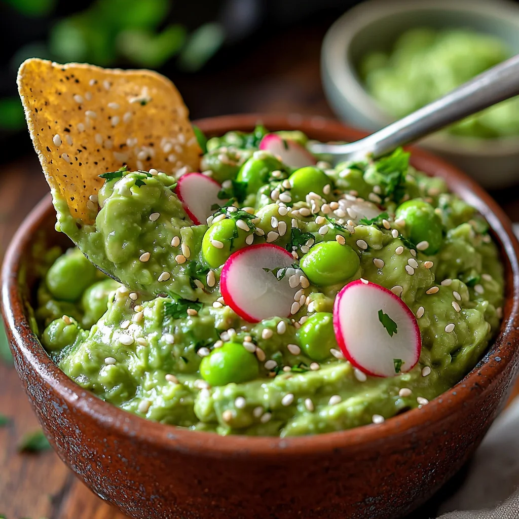 creamy edamame guacamole in a white ceramic bowl, topped with fresh cilantro and lime wedges