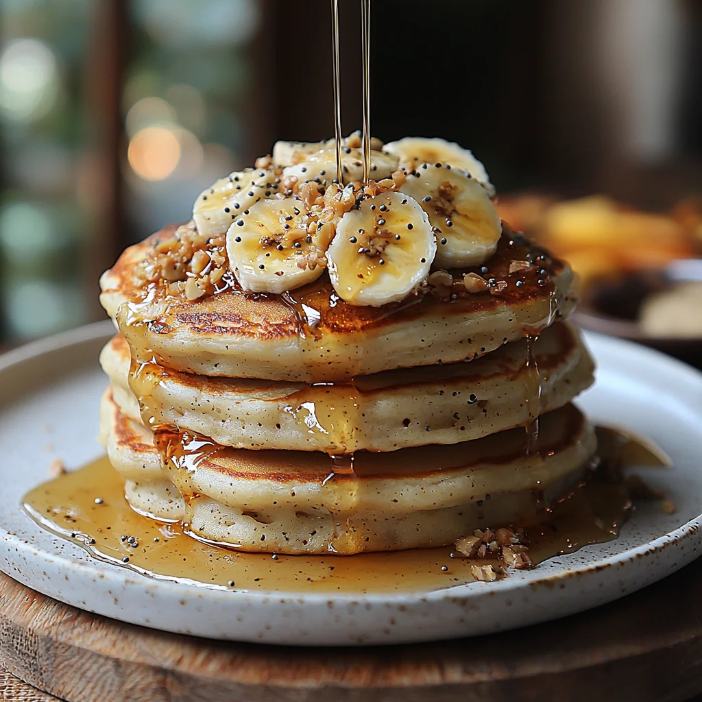 stack of fluffy banana protein pancakes drizzled with maple syrup and fresh banana slices