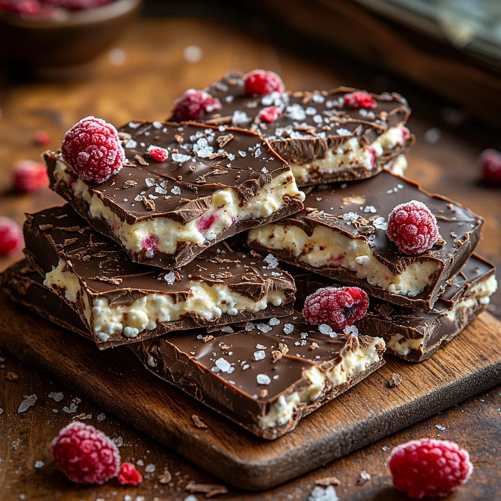 creamy frozen cottage cheese chocolate bark with dark chocolate swirls and crunchy almond toppings