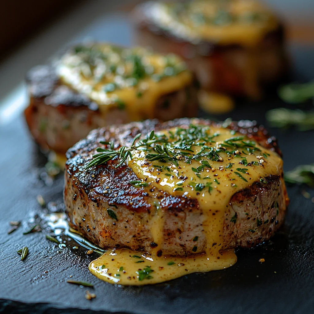 garlic butter steak with golden roasted edges, creamy sauce, and fresh herbs, served with tender potatoes in a white ceramic