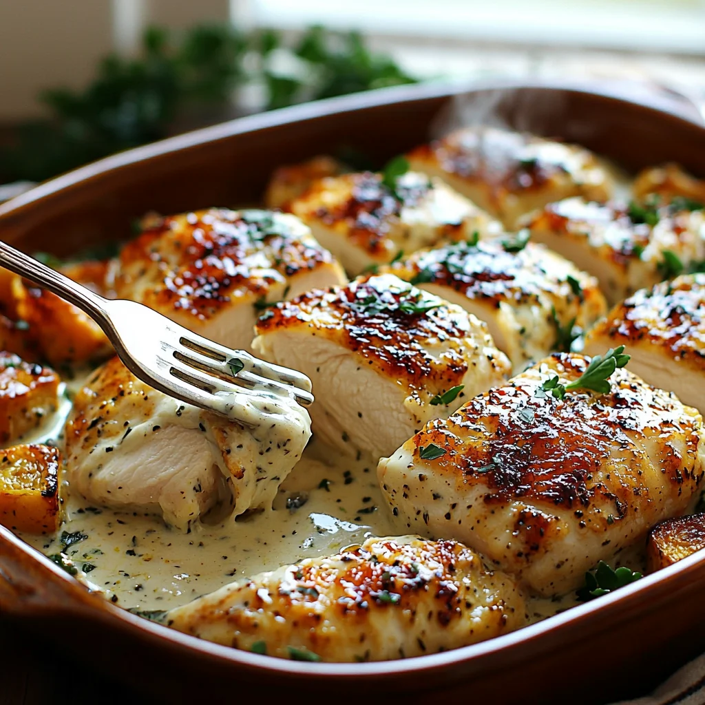 juicy greek yogurt chicken with creamy sauce, golden roasted edges, and fresh herbs in a white ceramic dish