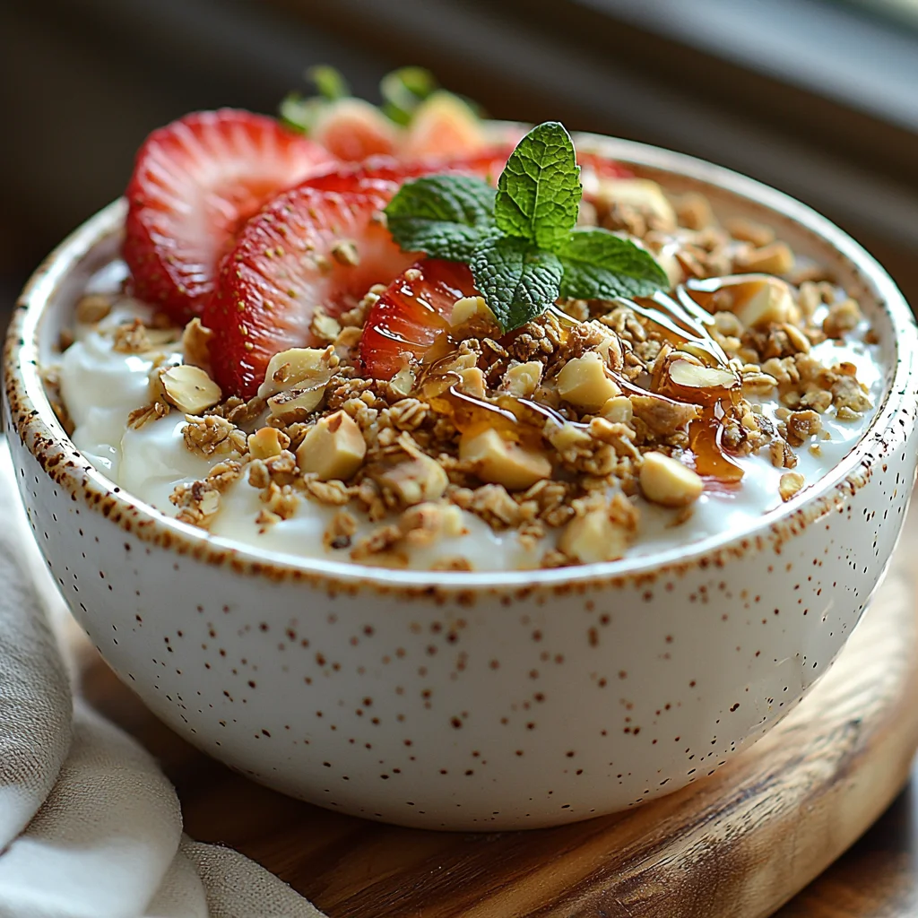 layered greek yogurt parfait with fresh strawberries, granola, and drizzled honey in a clear glass jar
