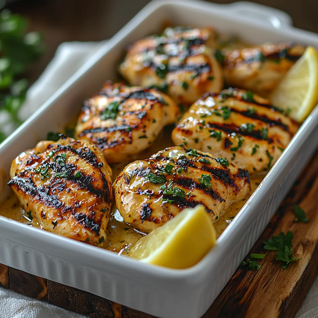 grilled chicken thighs with golden crispy skin and fresh herbs, served with roasted potatoes drizzled with glossy sauce