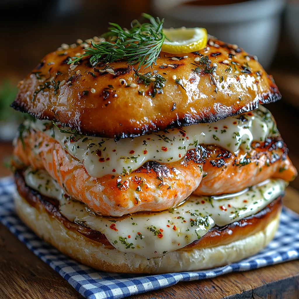 Grilled Salmon Burger with glossy sauce, golden edges, fresh herbs, vibrant textures