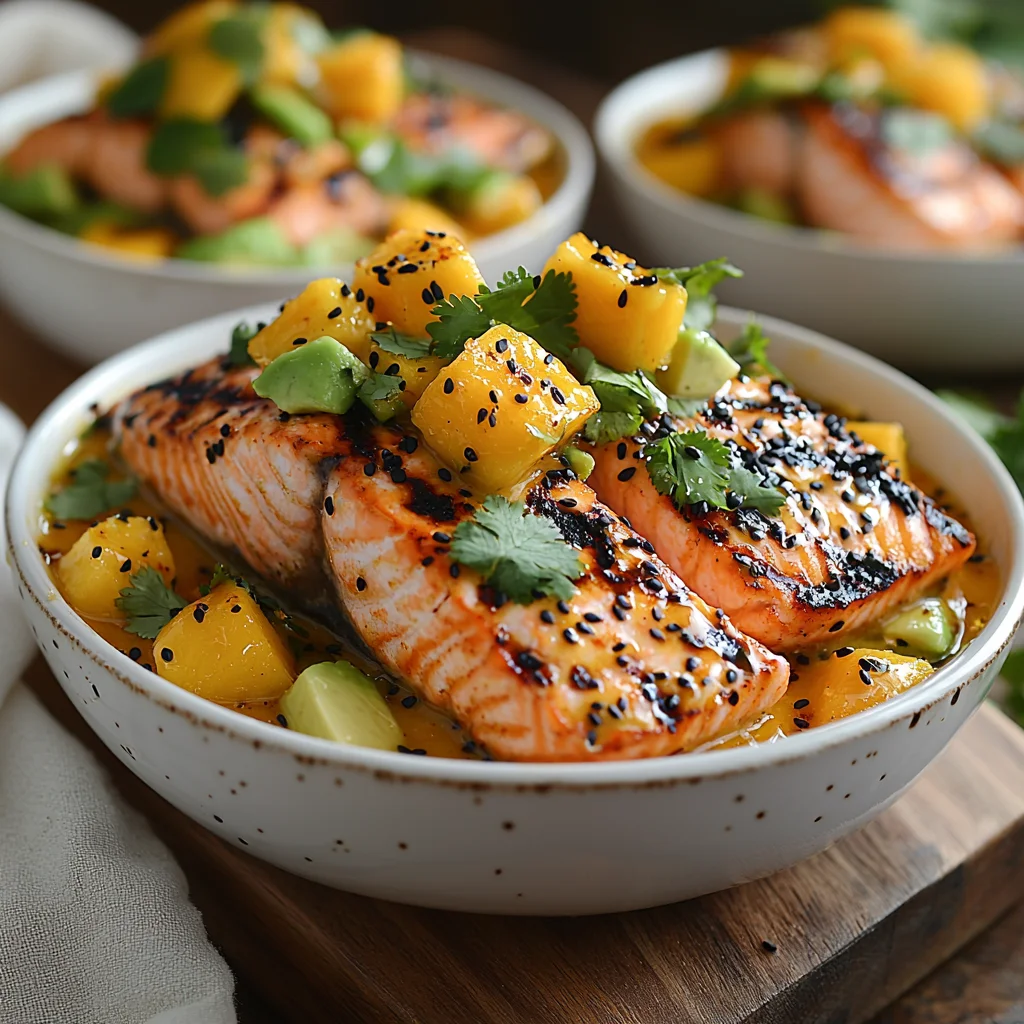 grilled salmon topped with vibrant mango avocado salsa on a white ceramic plate, garnished with fresh cilantro