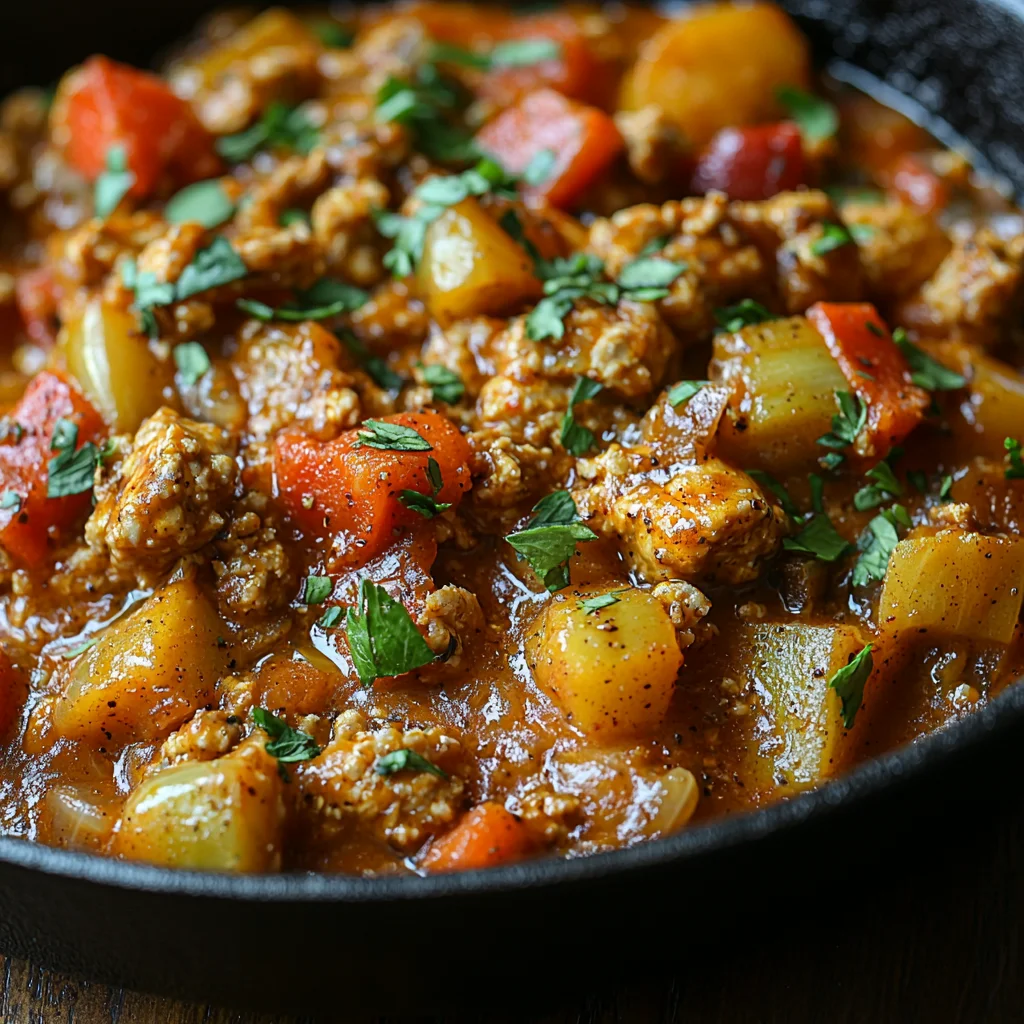 sizzling ground turkey skillet with golden edges in creamy sauce, fresh herbs sprinkled on top