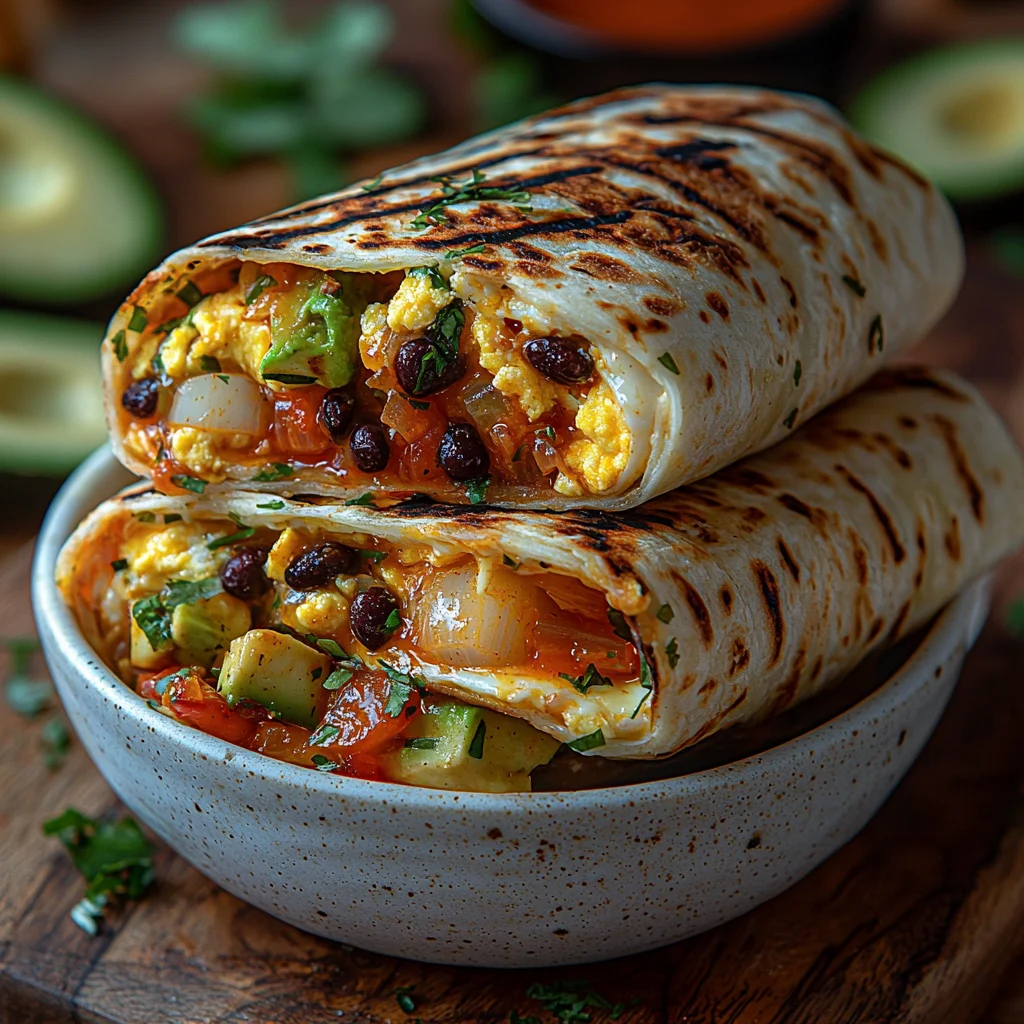 high protein breakfast burrito meal prep with fluffy scrambled eggs, roasted potatoes, and creamy avocado sauce