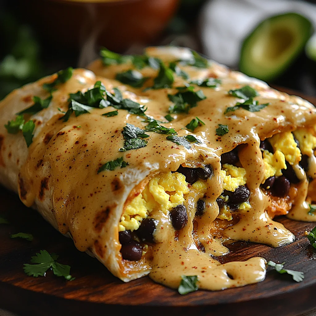 golden high protein breakfast burritos with melted cheese and creamy sauce dripping, topped with fresh cilantro