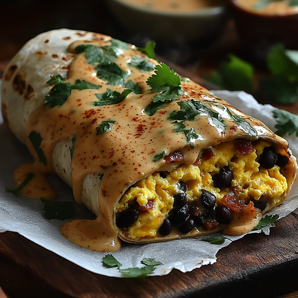 golden high protein breakfast burritos with melted cheese and scrambled eggs, topped with fresh cilantro