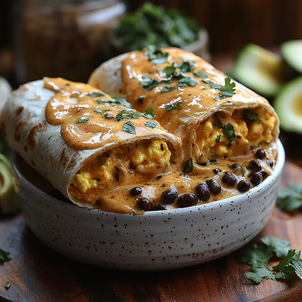 golden high protein breakfast burritos with melted cheese and scrambled eggs, topped with fresh cilantro