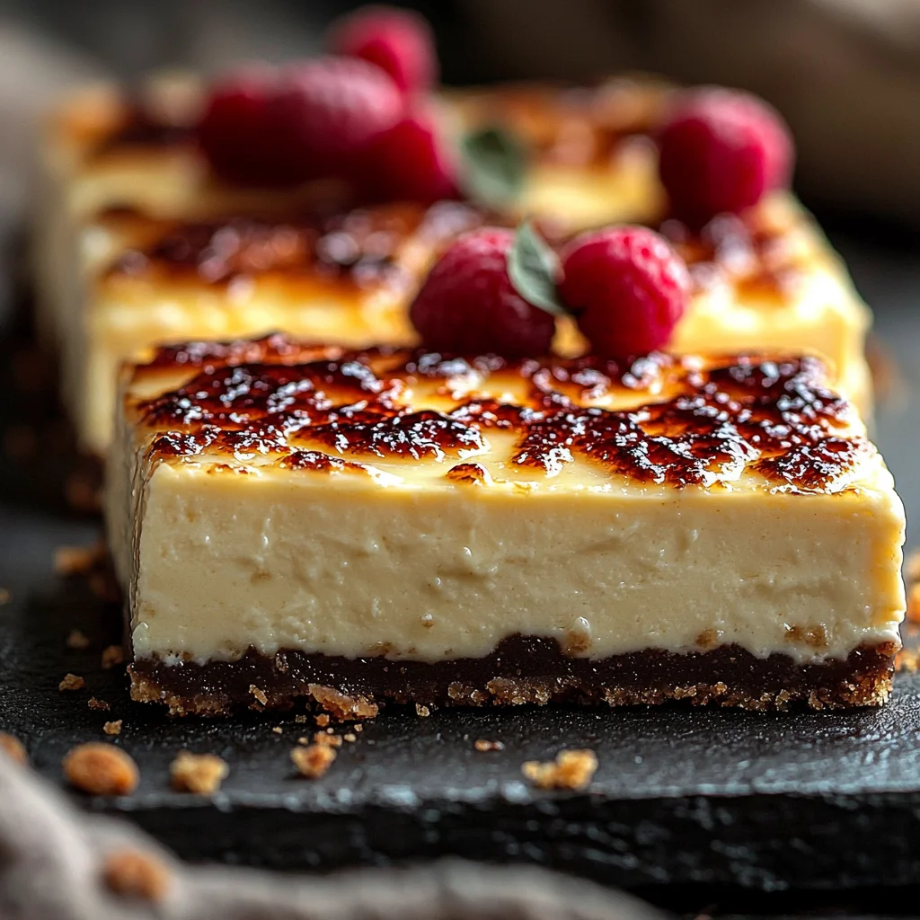 closeup of creamy high protein cheesecake bars with a golden graham cracker crust and glossy topping