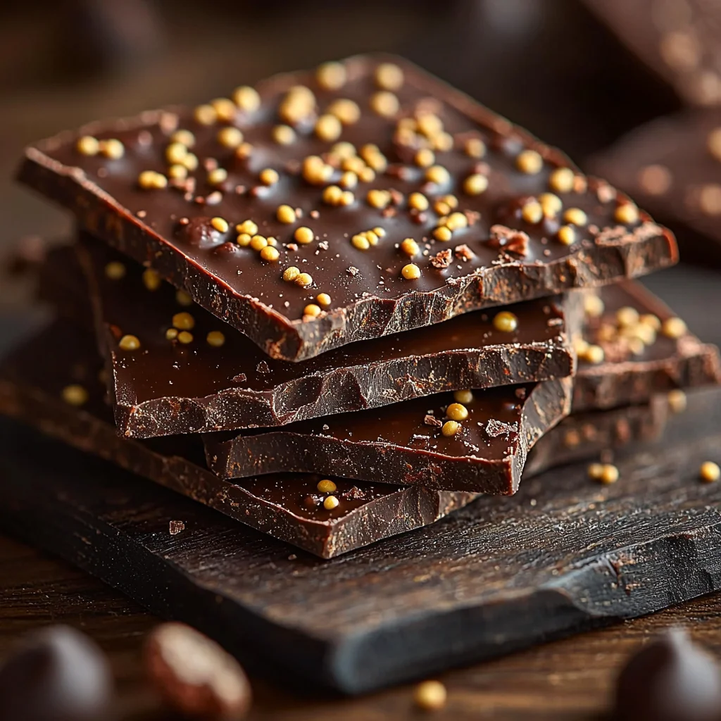 High protein chocolate bark with glossy dark chocolate coating, chopped nuts, and protein powder visible on surface