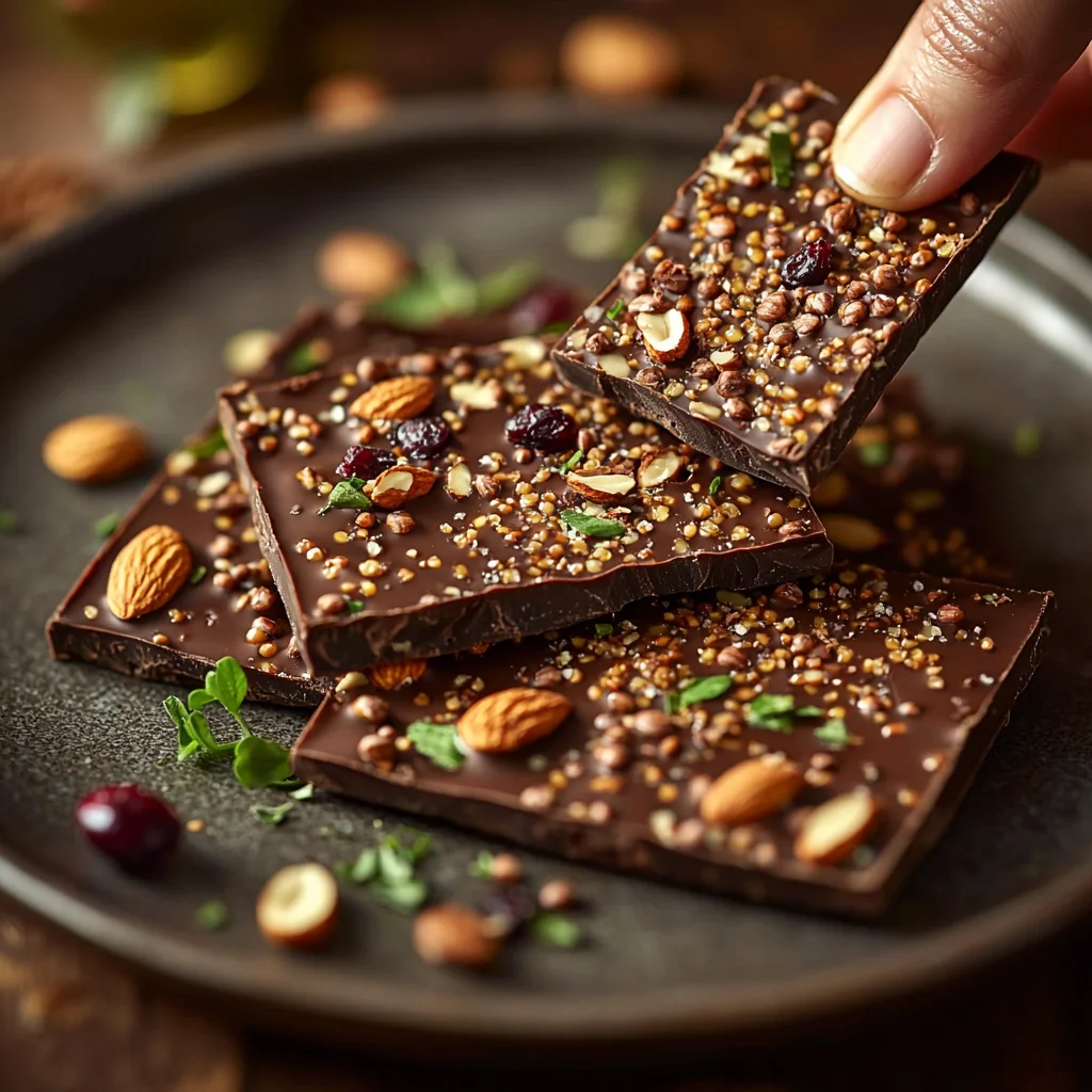 close-up of creamy high protein chocolate bark with crushed nuts and sea salt sprinkles on a white plate