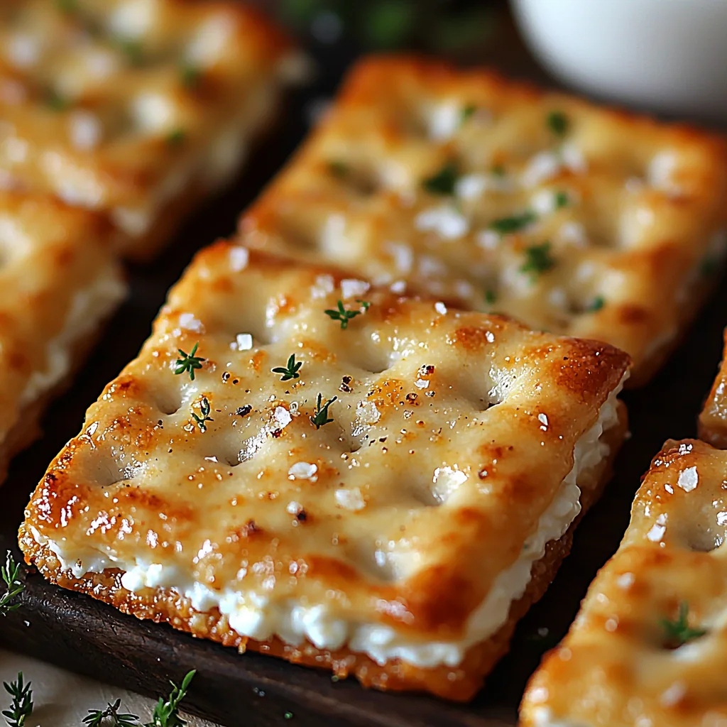 golden crispy cottage cheese crackers with visible herb flecks on rustic wooden board