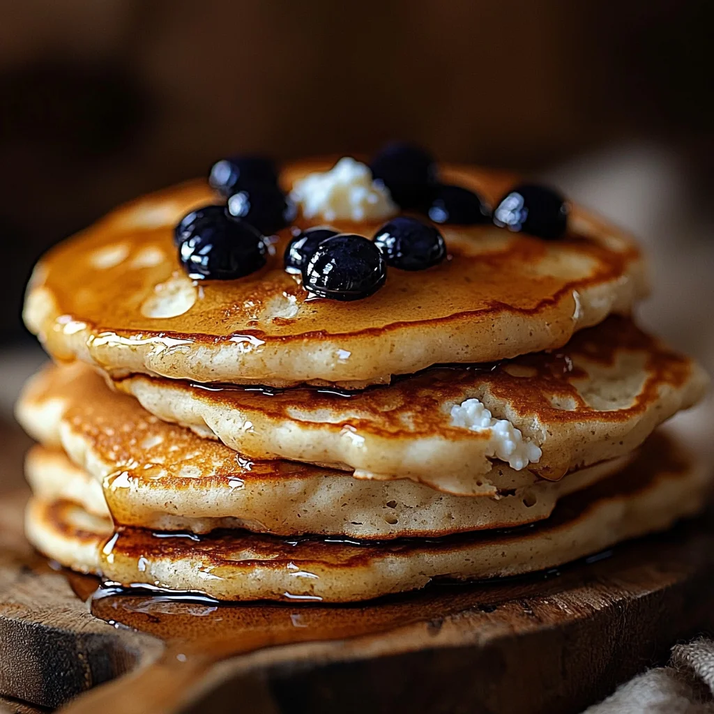 High protein cottage cheese pancakes stacked with golden edges, creamy texture visible, drizzled with glossy syrup
