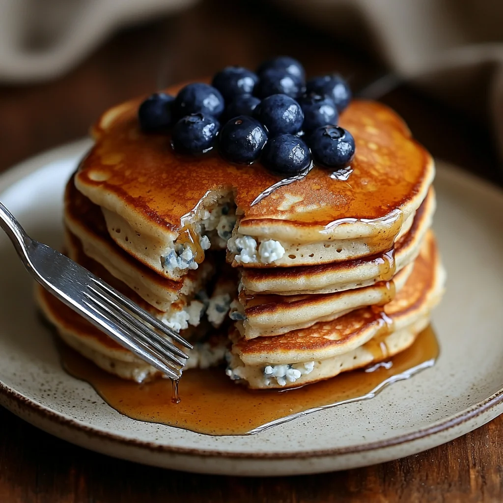 golden high protein cottage cheese pancakes with creamy glaze and fresh berries on a white ceramic plate