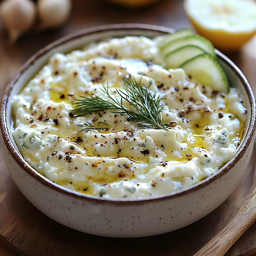 creamy high protein cottage cheese tzatziki in a white ceramic bowl with fresh dill and cucumber slices